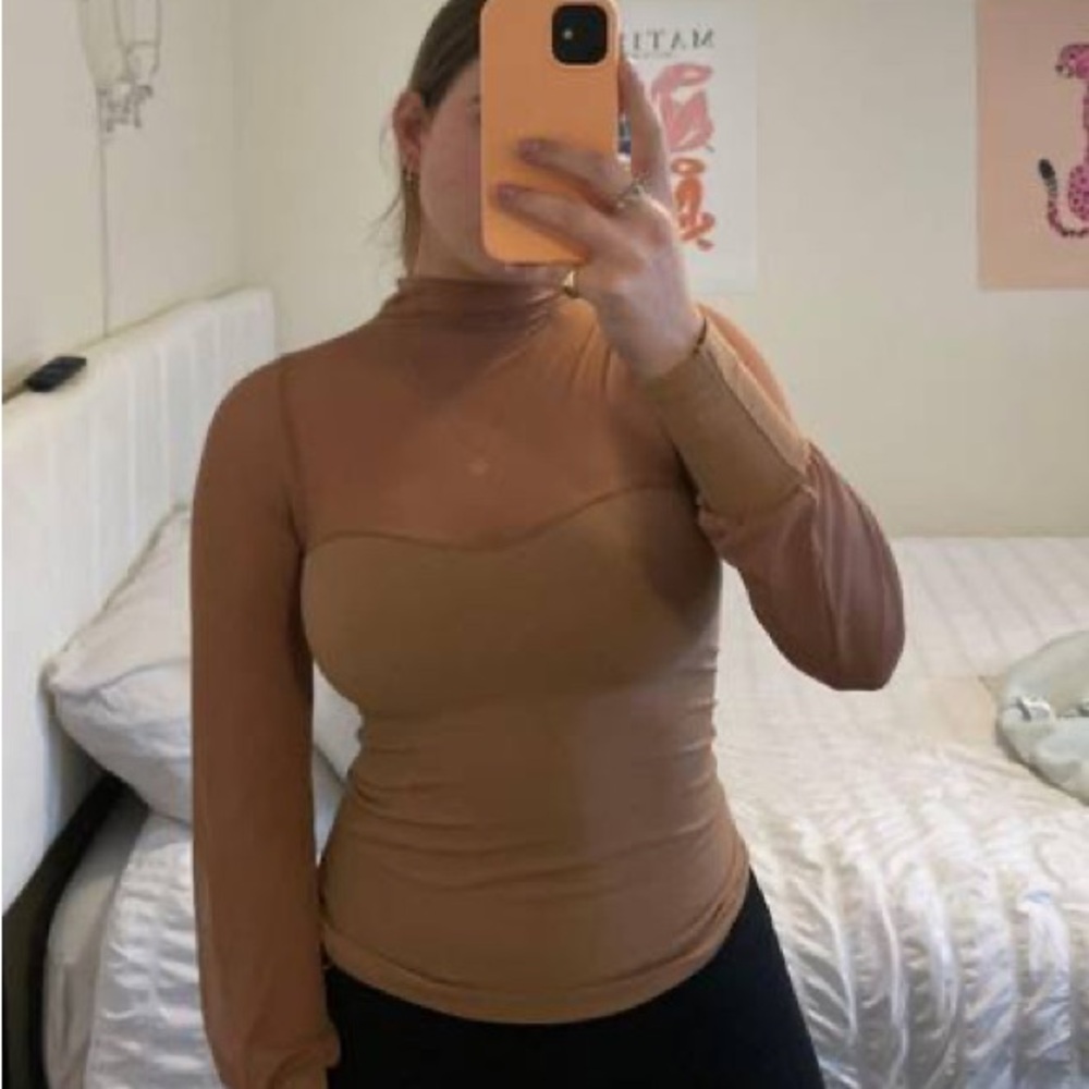 Intimately Free People Light Up Layering Top Mesh Ribbed Warm Beige Nude M/L